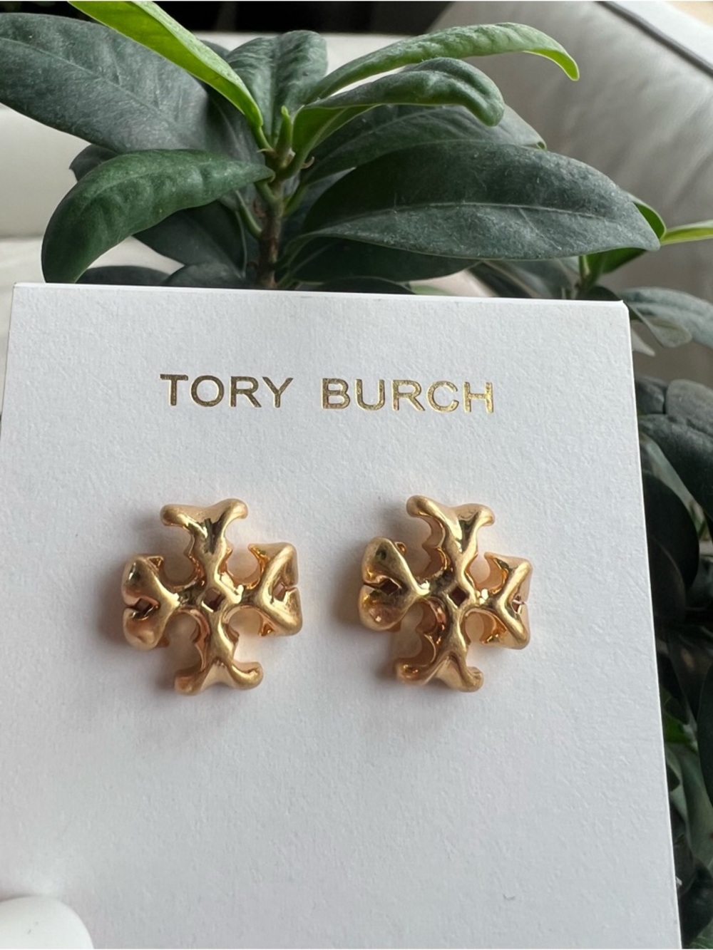Tory Burch Shiny Gold Logo Floral Stud Earrings